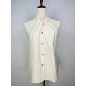 Zara Womens Halter Neck Button Front Top Cream Off White Open Back Blouse